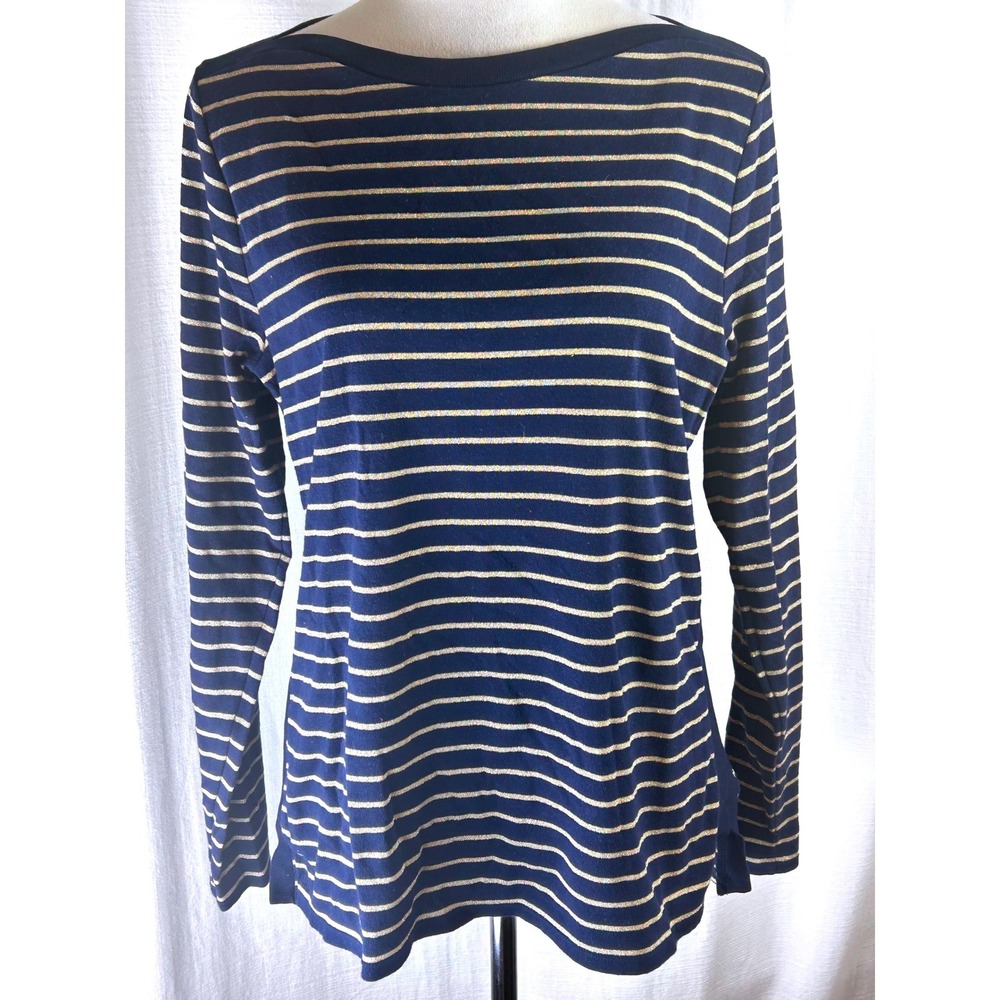 Lauren Ralph Lauren Women Navy & Gold Metallic Striped Boat Neck Top XL